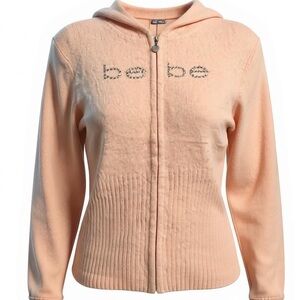 Bebe Angora Cardigan Sweater Hoodie pink size L rhinestone logo Vintage NWOT